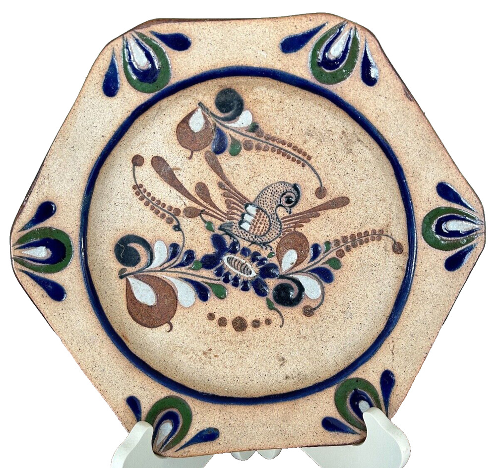 Tonala Floral Bird Stoneware 11” JA Bowl Plate Hanging Mexico, Brown & Blue